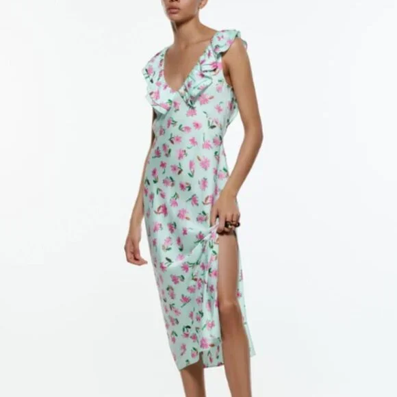 Zara Ruffled V-Neck Floral Slip Dress Sz M - Picture 1 of 12